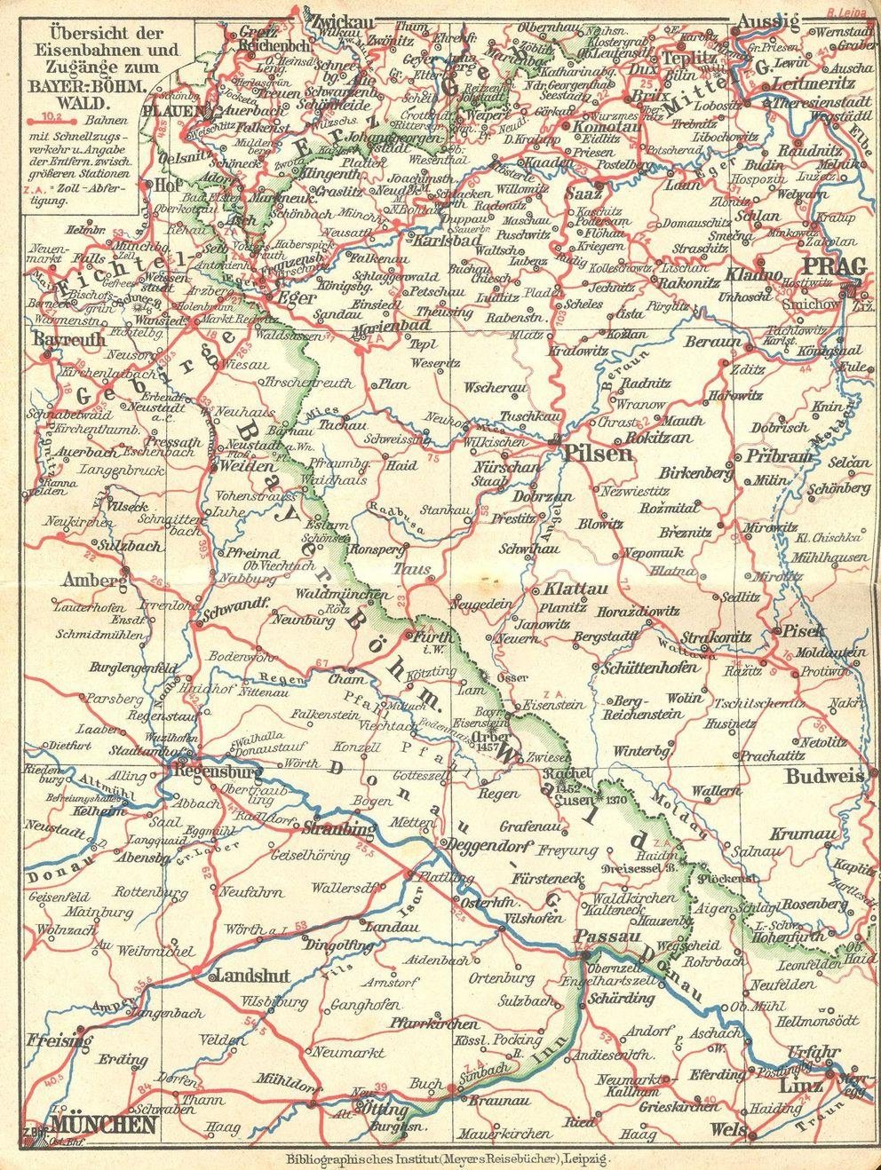 Übersicht der Eisenbahnen und Zugänge zum Bayerisch-Böhmischen Wald 1922