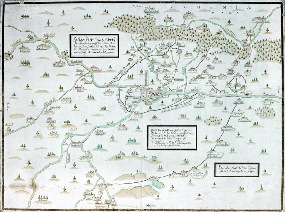 Mapa Zlaté stezky a dalších cest v regionu z roku 1619