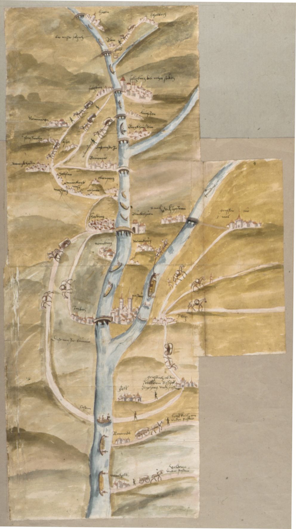 Mapa vodních a pozemních obchodních cest v okolí rek Salzach, Inn a Dunaj z 2. poloviny 16. století